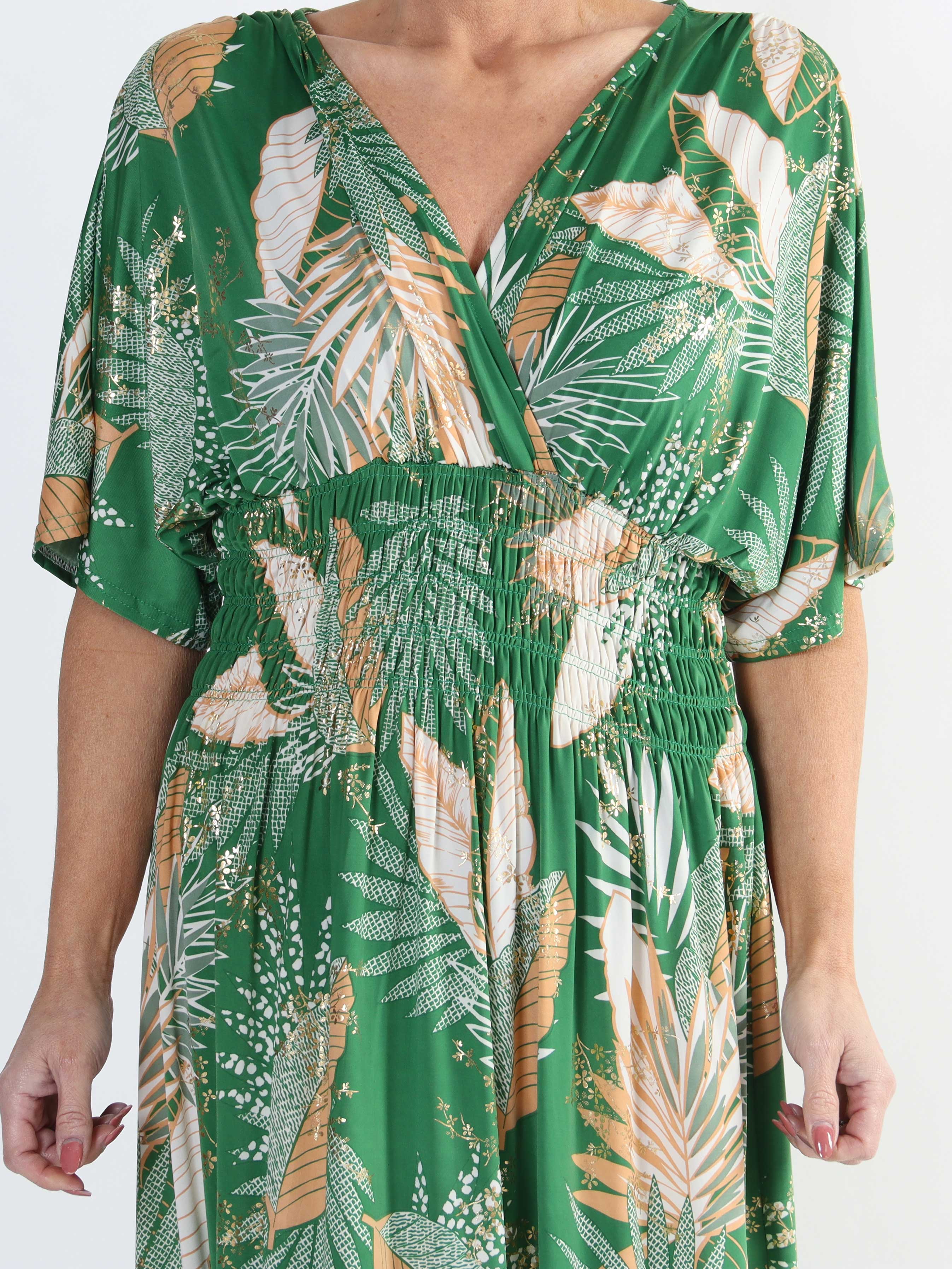 Pams Leafy - Lang elastisk plus size kjole i krølfrit stof